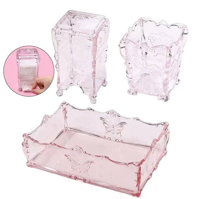 Boîte de rangement pour tampons de coton, motif papillon rose transparent, conteneur de serviettes,