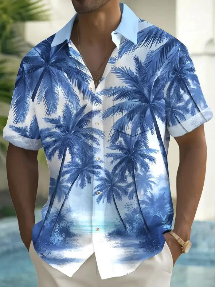 Chemise homme manches courtes hawaïenne bleu palmier imprimé bouton chemise été plage chemise Campin