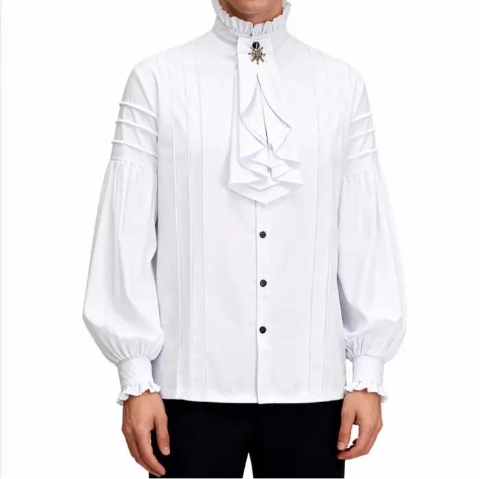 Chemise en coton blanc pour homme, col montant à volants, manches longues lanterne, Pirate Cosplay,