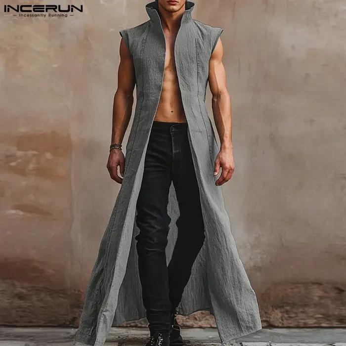 INCERUN hommes chemises de Style Long solide col montant sans manches décontracté mâle Cardigan Stre