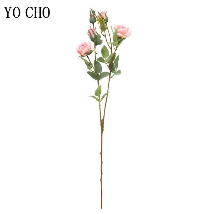 YO CHO – roses artificielles en soie, fausses fleurs de haute qualité, longue branche, 5 têtes, pour