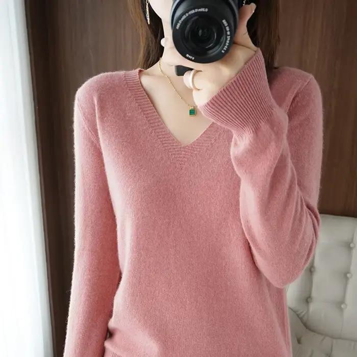 Pull en cachemire à col en V pour femme, col en dentelle, design évidé, décontracté, manches longues