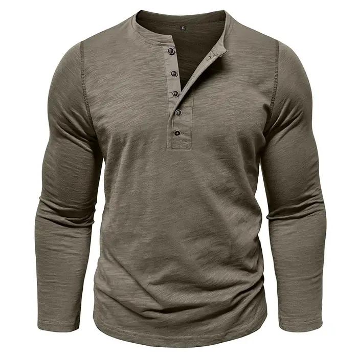 Nouveau automne T-Shirt à manches longues hommes décontracté dessus de couleur unie col Henley mince