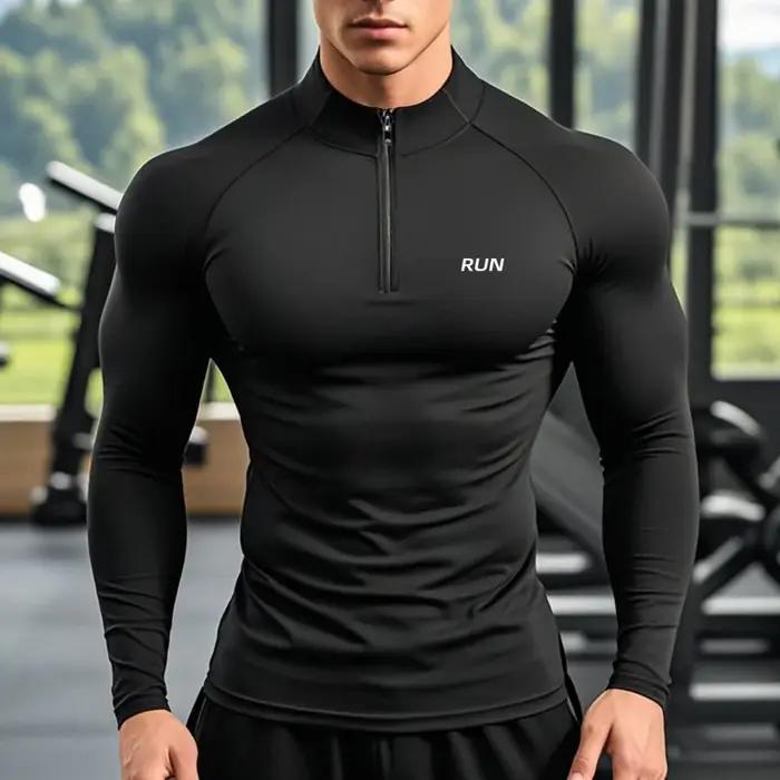 T-shirts de course hommes Compression à manches longues polos de sport entraînement et exercice gymn