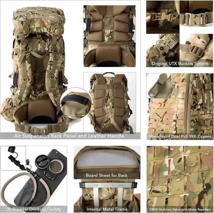 Sac à dos tactique militaire ILBE 120L imperméable 1000D avec pochette hydratation et radio camouflage