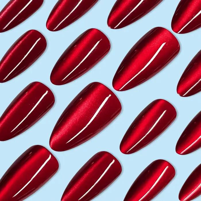 24 pièces brillant rouge oeil de chat presse sur ongles couverture complète couleur nue portable ama