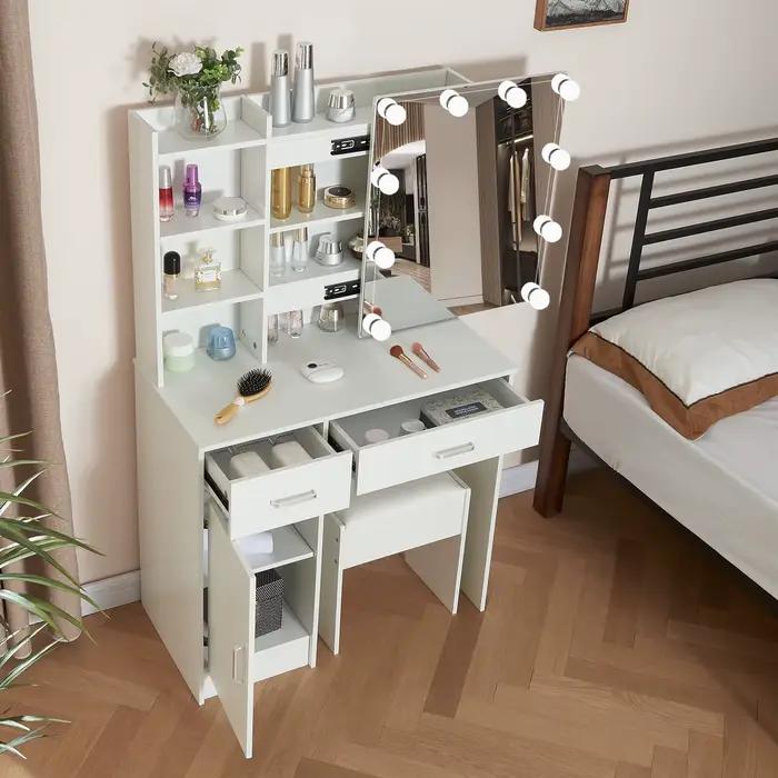 Ensemble de vanité de maquillage avec miroir et lumières, commode, armoire de rangement, 3 modes d'é