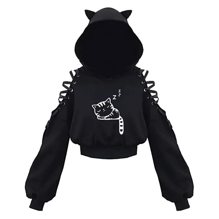 Y2k gothique femmes à capuche chat oreille haut court sweat à capuche évider à lacets à manches long
