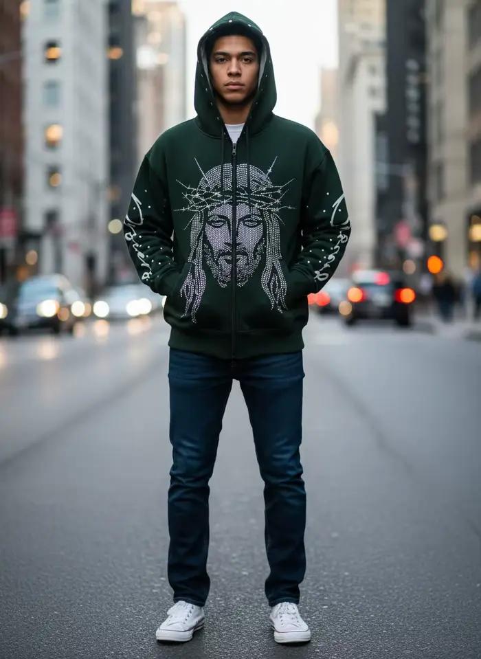 Un sweat à capuche ample avec un motif tridimensionnel de figures incrustées de diamants dans le sty