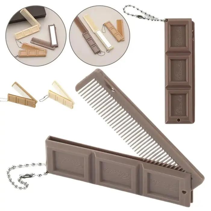 Peigne pliant 2 en 1 en forme de chocolat avec miroir, peigne de Massage Portable, brosse pour Salon