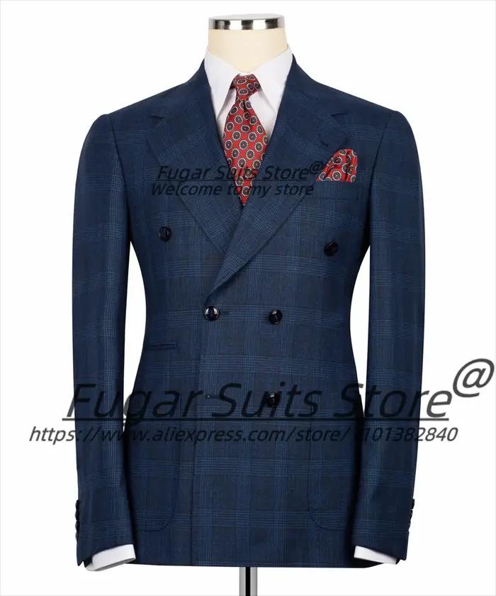 Costumes d'affaires à carreaux bleu marine pour hommes, personnalisés, coupe cintrée, Double boutonn