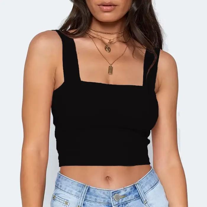 Col carré sans manches été haut court blanc femmes noir décontracté basique t-shirt épaules nues Cam