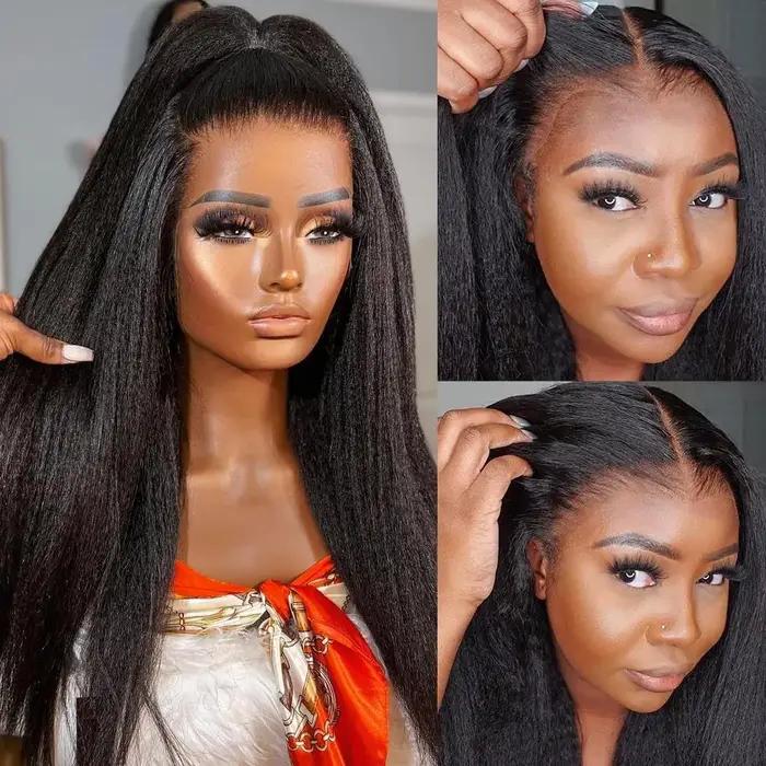 Kinky Straight Lace Frmeds Wig, Go Glueless Wig, Yaki Straight Human Hair Wig, Pre Plucked, 6x4 HD L