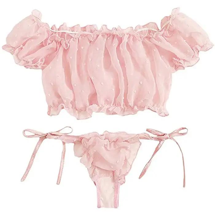 2 pièces épaules dénudées à lacets ensemble Bikini femmes doux décontracté à manches courtes maillot