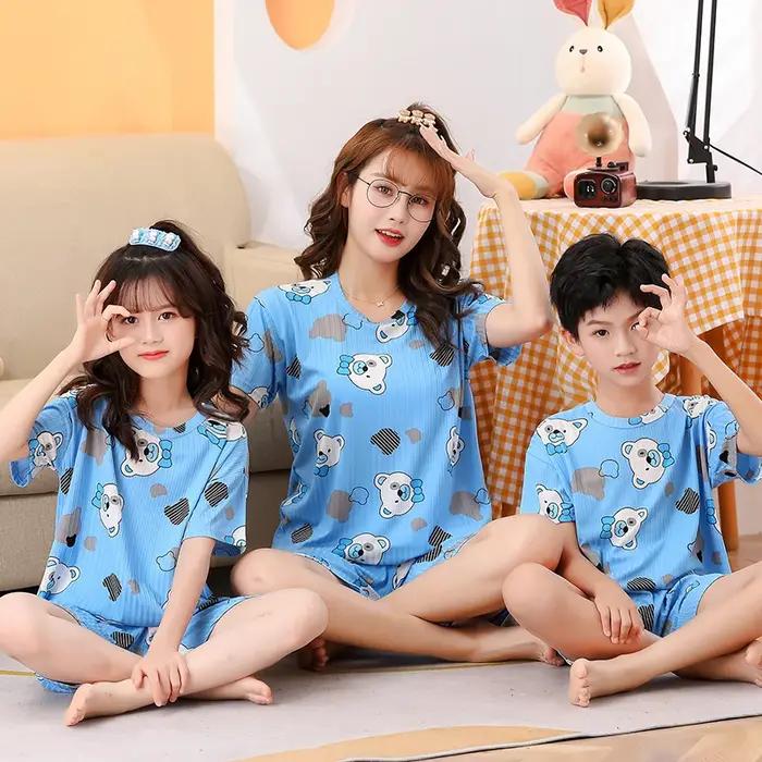Pyjama d'été 2 pièces à manches courtes pour enfant, ensemble fin et mignon, neutre, parent-enfant,