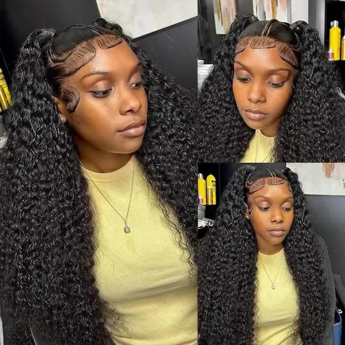 Perruque Deep Wave Brésilienne Remy Naturelle Cheveux Bouclés, 13x4, Transparent HD, Pre-Plucked, po