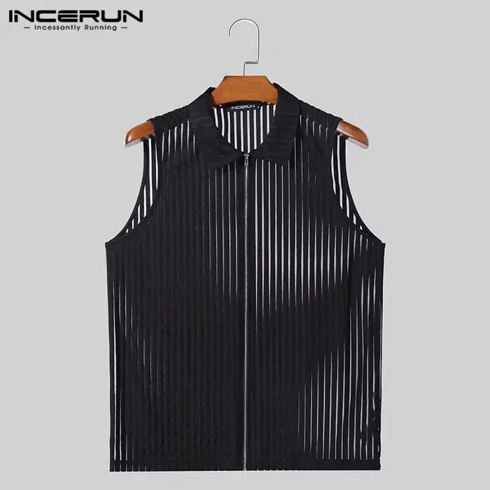 Mode Style décontracté hauts INCERUN hommes rayure verticale Perspective gilet à glissière Sexy mâle
