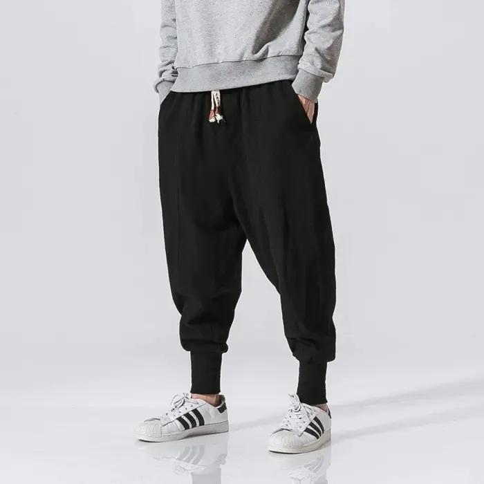 Pantalon sarouel en coton et lin pour hommes, couleur unie, taille élastique, Streetwear, jogging, B