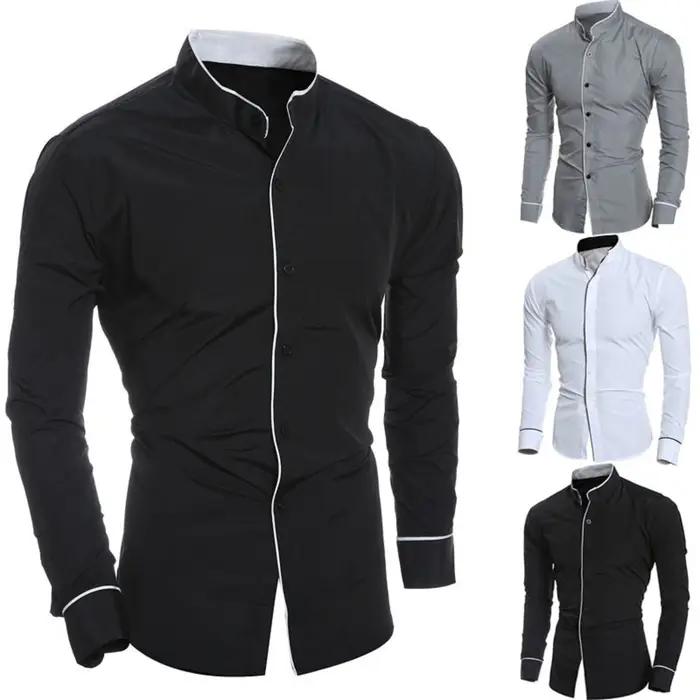 Chemise à manches longues monochromatique pour hommes, chemise couvertes à la mode, boutonnée, debou