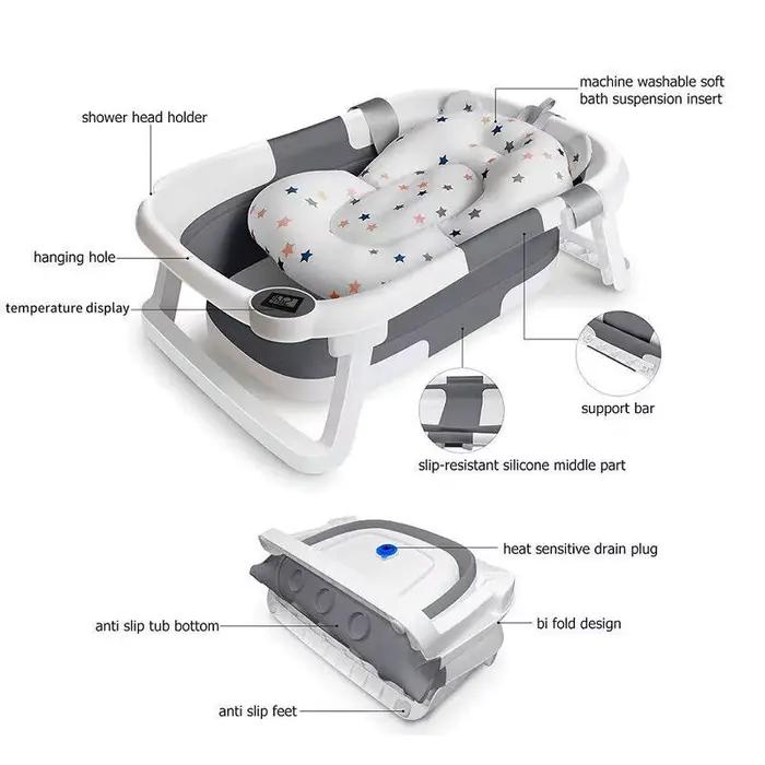 Baignoire pliable pour bébé avec capteur de température et coussin doux, en PP+TPR non toxique, bass