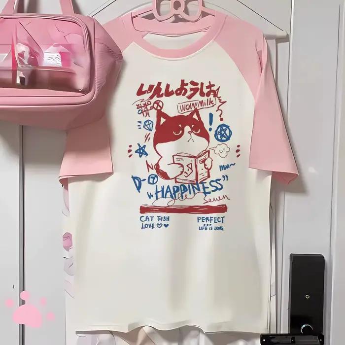 T-shirt à Manches Courtes pour Femme, Streetwear, Grunge Japonais, Esthétique Y2k, Harajuku, Dessin