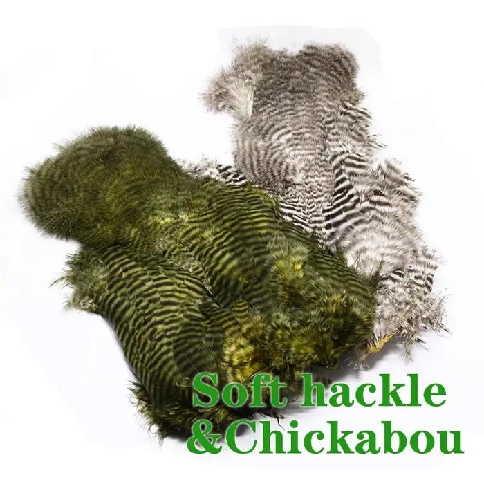 Selle de poule souple et bugger en laine grizzly, assressentide plumes de marabout, mouche premium,
