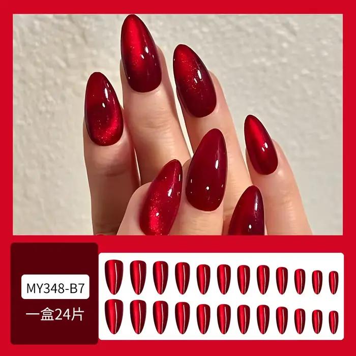 24 pièces brillant rouge oeil de chat presse sur ongles couverture complète couleur nue portable ama