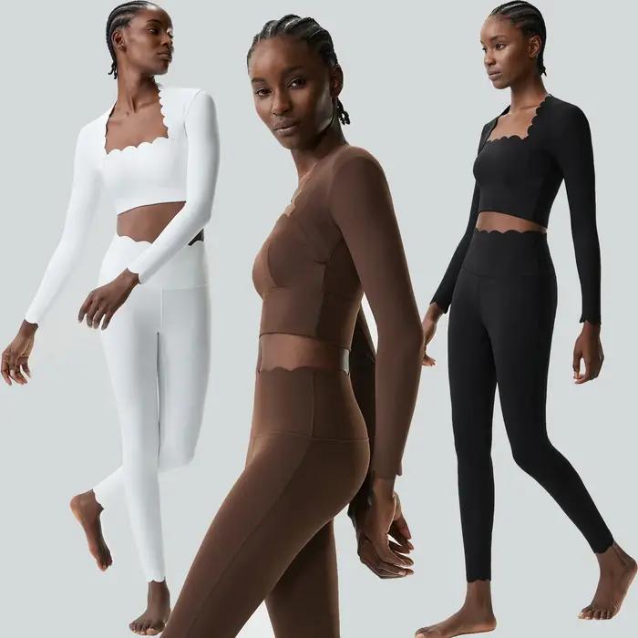 Ensemble de yoga fitness deux pièces pour femmes, couleur unie, manches longues, tenue de sport ajus