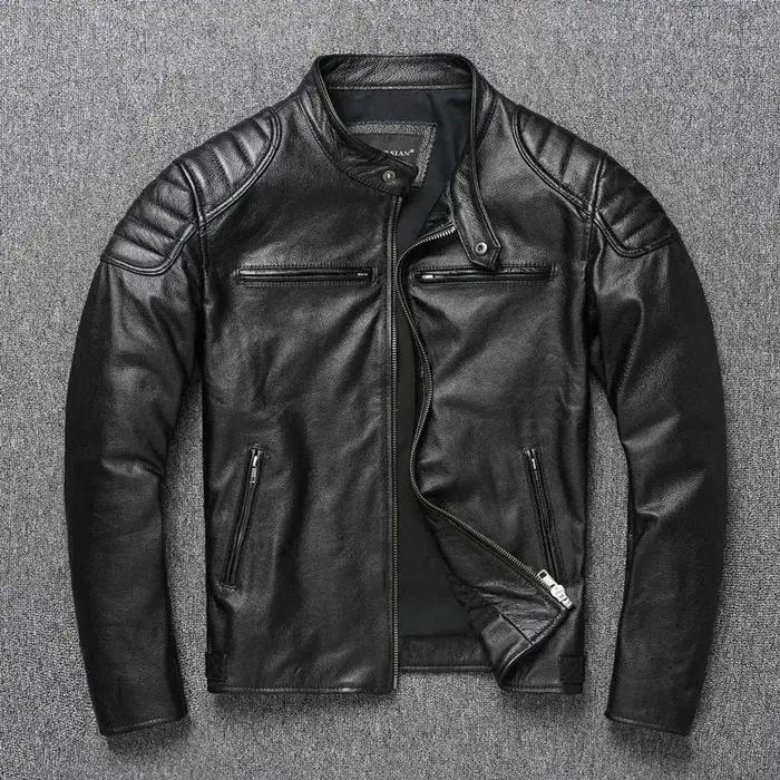 Nouveau 100% veste en cuir de vachette hommes couche supérieure vêtements hommes col montant moto vê