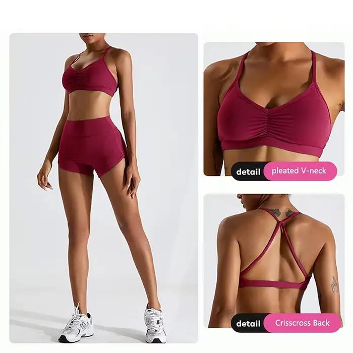 Soutien-gorge sport sexy froncé pour femme - Haut gym course dos croisé Fitness Yoga tendance