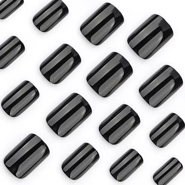 Faux ongles noirs brillants classiques, couverture complète, à pression, courts, ronds, réutilisable