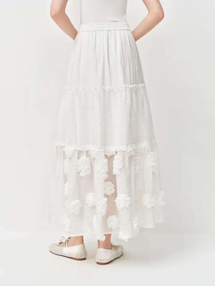 Jupe midi superposée FSLE 2026 pour femme, jupe trapèze blanche brodée de fleurs 3D pour un style ré