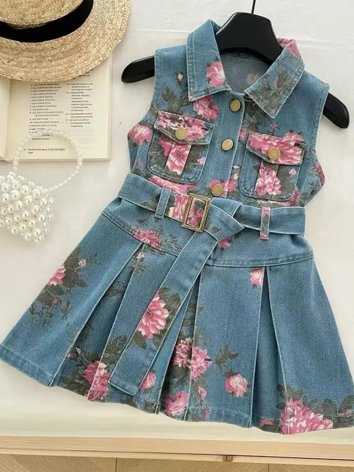 Robe d'été en jean pour filles – Col à imprimé floral et jupe trapèze ceinturée, robe de princesse d