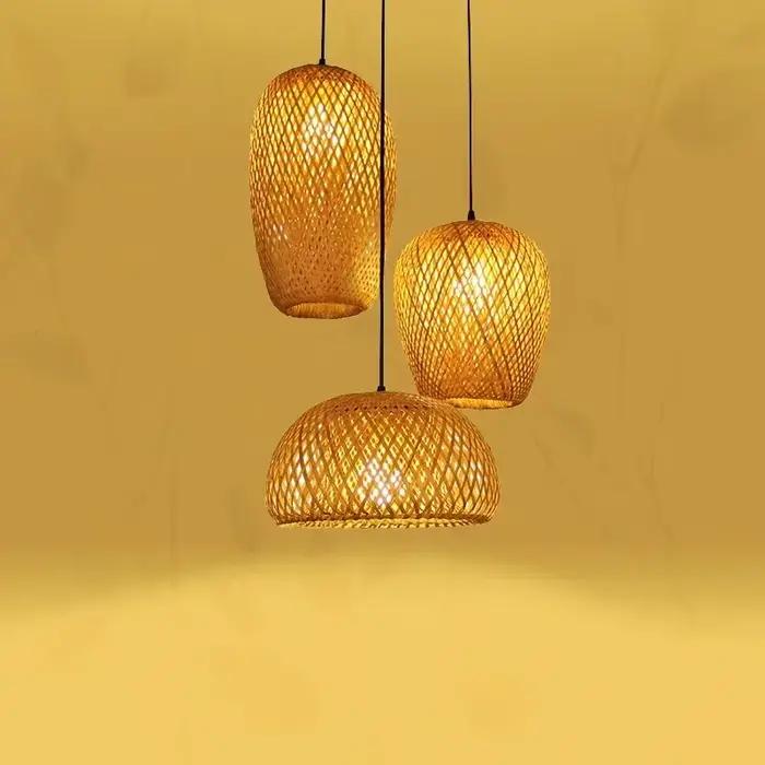 Classique 3 pièces lampes suspendues bambouo en bois E27 lustres éclairage plafonniers salon chambre