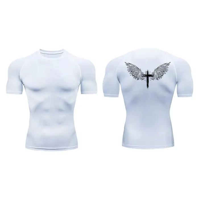 Chemises de Compression à manches courtes pour hommes, imprimé croisé, t-shirts athlétiques à séchag