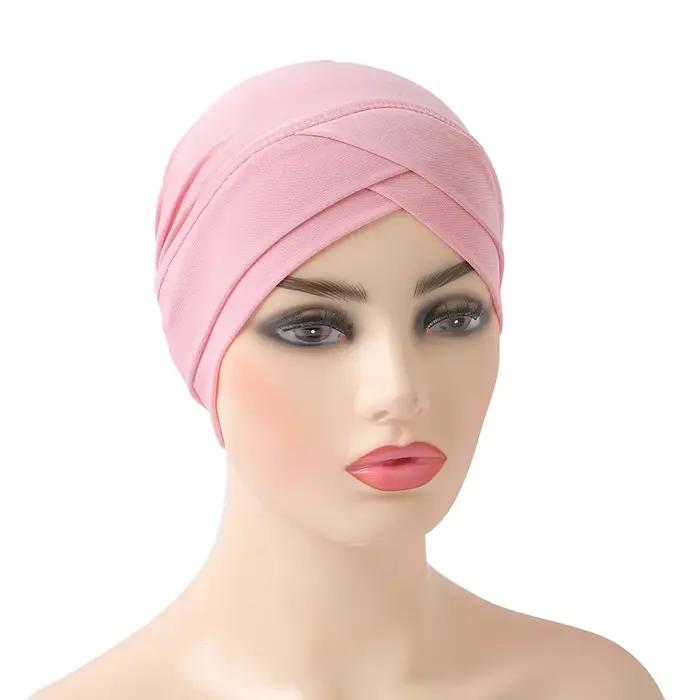 H117 front croisé musulman Turban couleur Pure extensible intérieur Hijabs pour casquettes prêt à porter femmes foulard