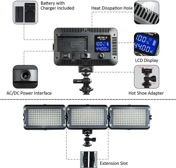 VILTROX VL-162T lampe vidéo LED Portable CRI95 +, VL-162T, panneau d'éclairage pour appareil Photo,