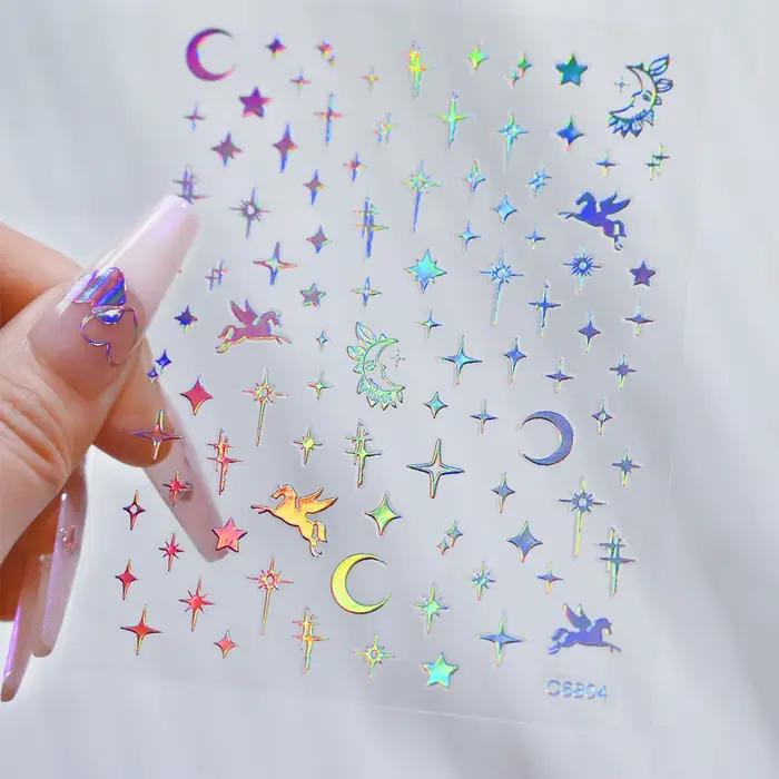 4/6 feuilles/Kit holographique arc-en-ciel amour coeur autocollant pour ongles 3D Laser coeur autoco