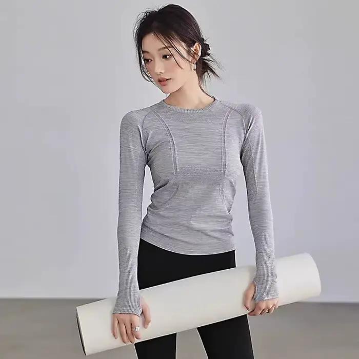Haut de yoga pour femmes col rond sans couture t shirt de gym adapté aux sports d hiver fitness running yoga activité physique