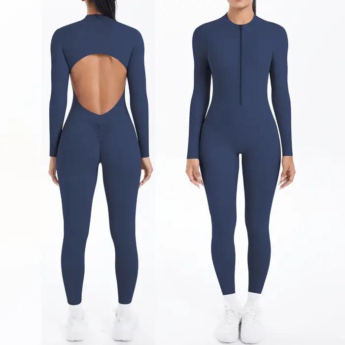 Body de couleur unie pour femmes, dos nu, manches longues, fermeture éclair, combinaisons de Yoga, h