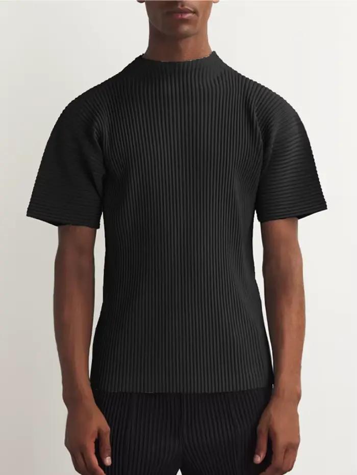 Vêtements plissés Miyake, t-shirt à manches courtes pour homme, haut à col roulé noir tendance