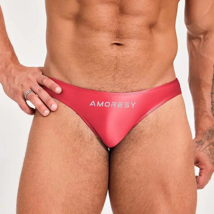 Amoresy-Short de plage pour homme, slip de bain taille basse, brillant, extensible, super lisse, res