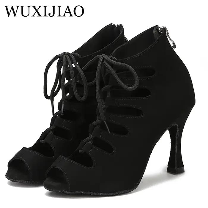 Chaussures de danse latine noires femmes Tango Salsa Rumba salle de bal bottes de danse en Satin fem