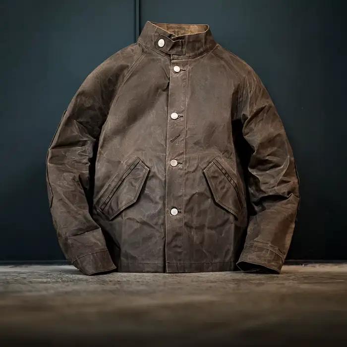 Maden veste vintage à col montant en toile cirée coupe-vent, veste homme unie classique de chasse, p