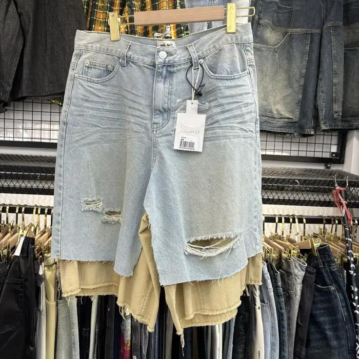 MIJKO – faux short surdimensionné en Denim deux pièces pour hommes et femmes, sept pouces, avec trou