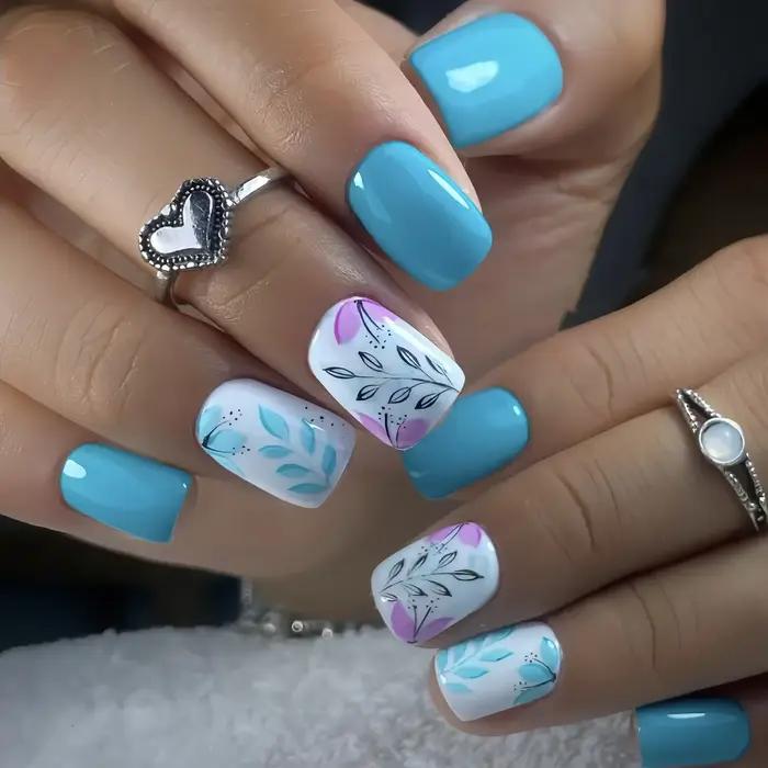 Faux ongles carrés courts et verts, 24 pièces, avec colle, flore, brillant, Simple, couverture compl