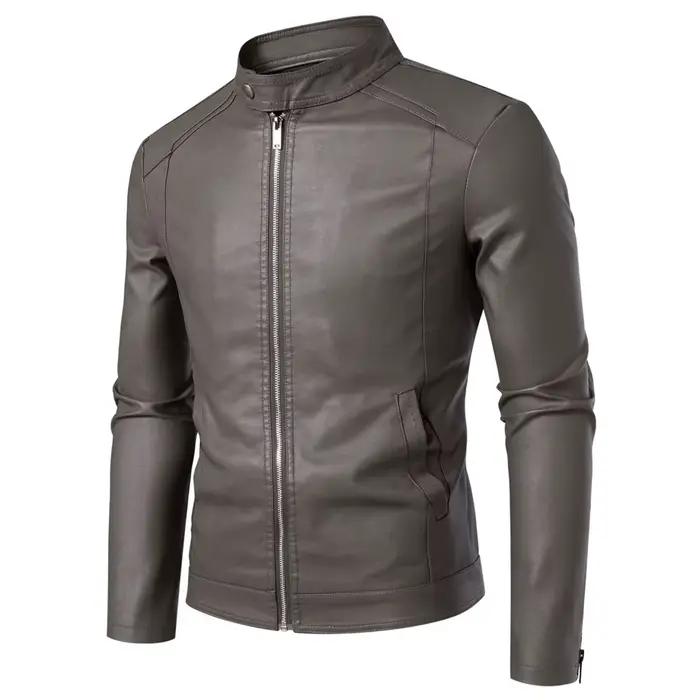 Blouson en cuir PU ajusté pour homme à col montant, style motard, tendance printemps-automne