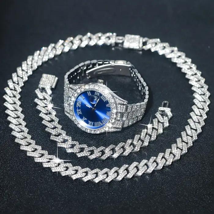 Ensemble de montres en argent pour hommes, 3 pièces, Hip-hop Punk incrusté de diamants + chaîne cuba