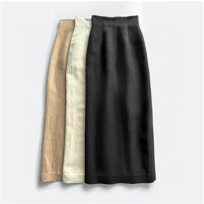 Jupe simple taille haute en lin et laine, atmosphère artistique espagnole, ourlet texturé, fente lat