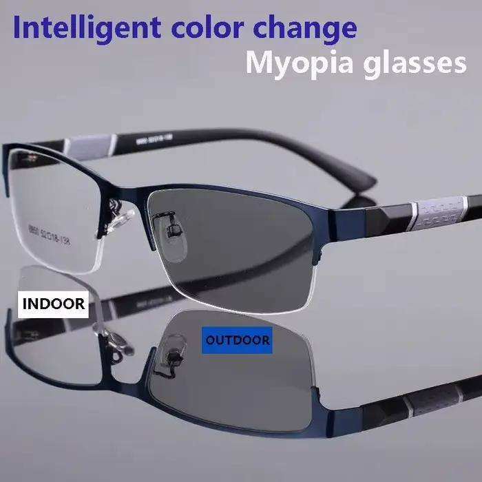 Lunettes de myopie photochromiques vintage pour hommes, demi-monture en métal, lunettes bloquant la